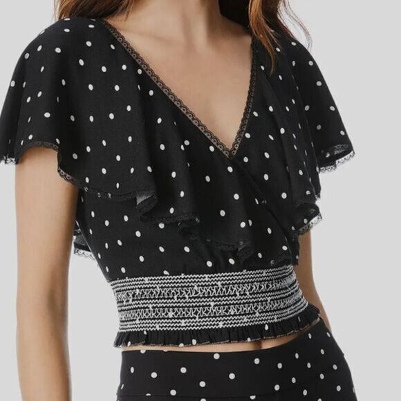Alice + Olivia Tops - Alice + Olivia Black White Reese Dot Print Surplice Crop Top
